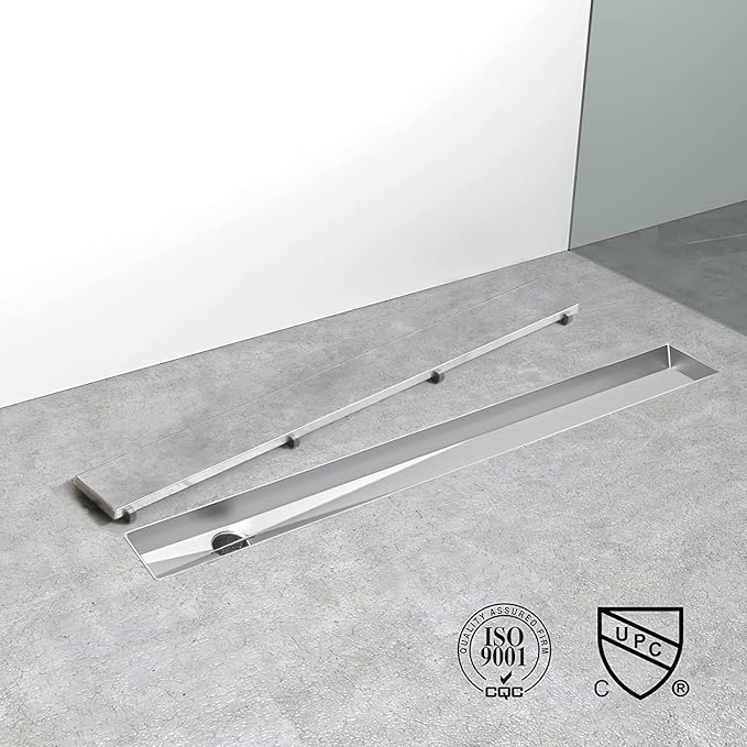 Offset Linear Shower Drain, Shower Drain 60 inch with 2-in-1 Tile Insert Cover, Brushed AISI 304 Stainless Steel Side Outlet Shower Floor Drain with Hair Catcher and Adjustable Feet