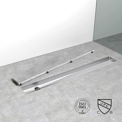 Offset Linear Shower Drain, Shower Drain 24 inch with 2-in-1 Tile Insert Cover, Brushed AISI 304 Stainless Steel Side Outlet Shower Floor Drain with Hair Catcher and Adjustable Feet
