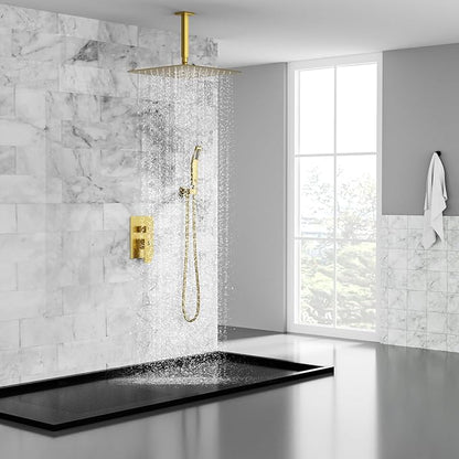 SR SUN RISE 16 Inch Ceiling Mounted Shower System Rain Mixer Shower Combo Set Rainfall Shower Head System Brushed Gold Shower Faucet Rough-in Valve Body and Trim Included