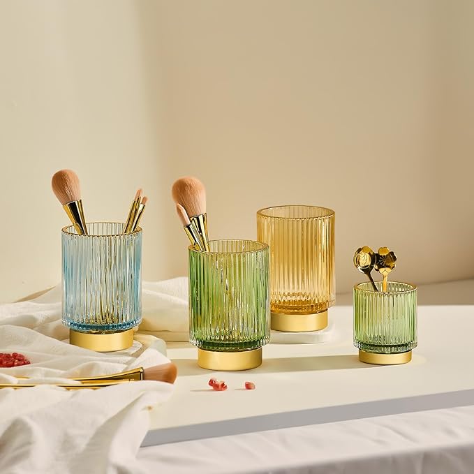 Makeup Brush Holder Organizer,Toothbrush Holders,Desk Pen Pencil Holder,Multifunctional Vintage Glass Brush Cup（L/Blue/A3-8-US）