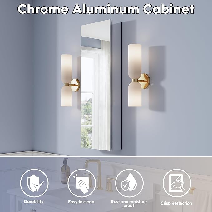 WELLFOR 12" x 36" Bathroom Medicine Cabinet, Anodized Chrome Aluminum Frame, Medicine Cabinet with Adjustable Glass Shelves, Bathroom Cabinet with Reverse Door Installation, Surface or Recess Mount