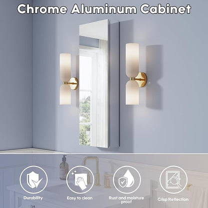 WELLFOR 12" x 36" Bathroom Medicine Cabinet, Anodized Chrome Aluminum Frame, Medicine Cabinet with Adjustable Glass Shelves, Bathroom Cabinet with Reverse Door Installation, Surface or Recess Mount