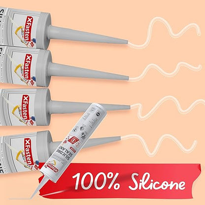 XFasten Clear Silicone Caulk Neutral Cure 10.1 oz (4-Pack) 100% Waterproof Silicone Sealant, Crack and Shrink Resistant, Low Odor, Strong Adhesion Caulking for Kitchen Bath Window Shower Outdoor Use