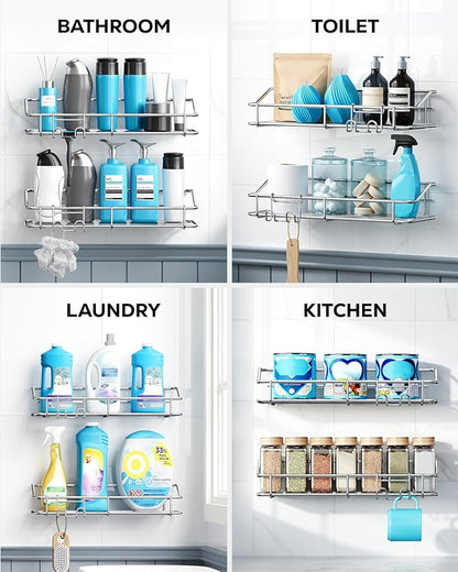Nieifi Shower Caddy Shelf with Hooks Storage Rack Organizer Adhesive Stainless Steel without Drilling for Bathroom, Lavatory, Washroom, Restroom, Shower, Toilet, Kitchen (Sliver, 4 Pack)