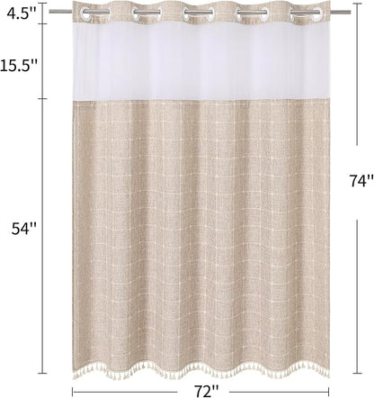 MitoVilla No Hooks Required Farmhouse Shower Curtain with Snap-in Liner - with Window & Magnets, Boho Cotton Linen Fabric Shower Curtains with Tassels for Rustic Bathroom Decor, Tan/Taupe, 72 x 74