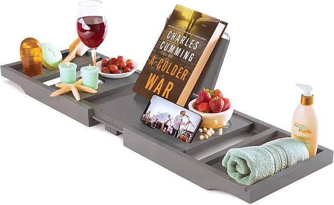 Wooden Bathtub Tray - Foldable & Expandable Bamboo Bath Tray for Tub with Wine Holder, Book & Tablet Stand - Bath Caddy Tray for Bathtub, Spa Bath Accessories, Tub Tray Table, Gift Idea for Her (Gray)