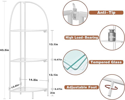 Crofy Foldable 3 Tier Corner Shelf, Metal Corner Plant Stand with White Frame and Transparent Shelves, Corner Display Rack Multipurpose Shelving Unit for Living Room, Bedroom, Bathroom