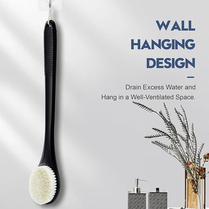 Back Scrubber for Shower, Shower Body Brush for Cleaning with Long Handle for Showering, 17 Inch Back Washer Exfoliator for Shower Men Women with Non-Slip Handle, Adhesive Hook (Black)