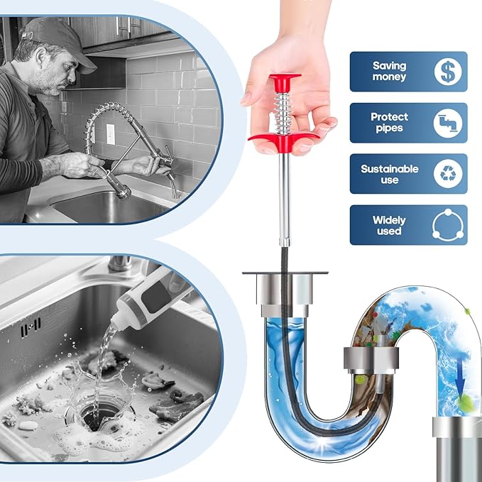 61 '' Flexible Grabber Claw (4 Claws), Drain Snake with Tweezers, Bendable Hose Grabber Reacher Tool, Retractable Drain Clog Remover Tool, Pickup Tool for Bath Tub, Toilet, Kitchen Sink & Sewer