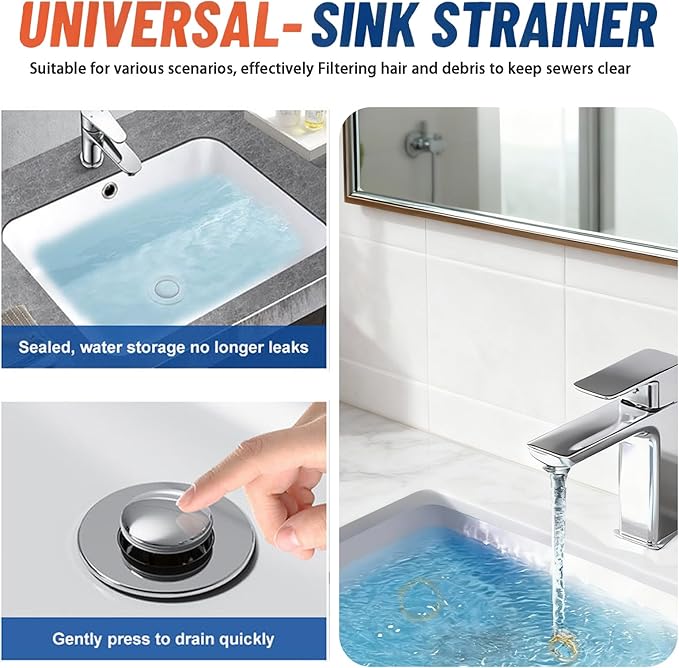 Bathroom Sink Stopper Strainer,2PCS Pop-Up Bathroom Sink Drain Strainer with Removable Stainless Steel Hair Catcher Basket,Sink Stopper Hair Catcher for US Bathroom Sinks,Bathtubs,Showers,Floor Drains