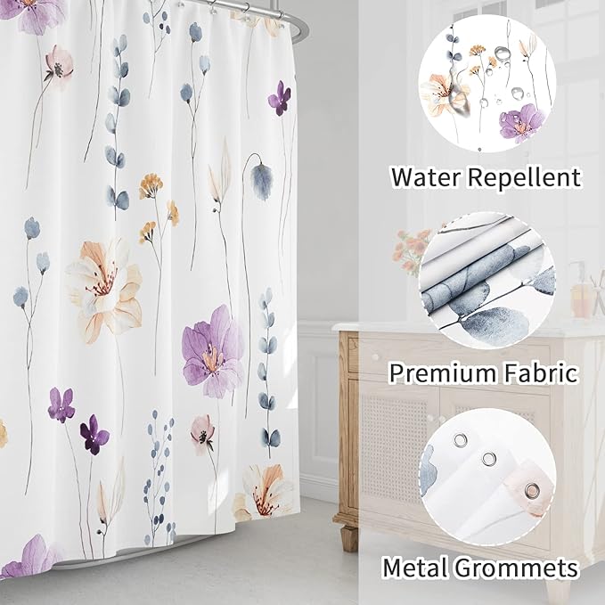 Gibelle Long Shower Curtain 72 x 78, Watercolor Floral Fabric Shower Curtain, Purple Beige Flower Decorative Bathroom Shower Curtain Set