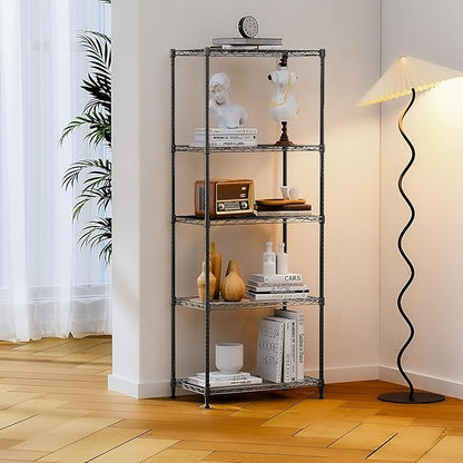 IZEUK 5-Tier Black Metal Storage Shelves, Adjustable Wire Shelving Unit for Kitchen, Bathroom, Pantry, Office, Garage, Organizer Wire Rack, 1250 lbs, 13.7" D x 23.6" W x 53.4" H