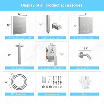 VANFOXLE Shower Faucet Set Brushed Nickel Shower System,Push Button Diverter Shower Faucet with 2 in 1 Handheld,Ceiling Mount Increased Thickness 12 Inch Shower Head with 6 Inch Wall Mount Shower Head