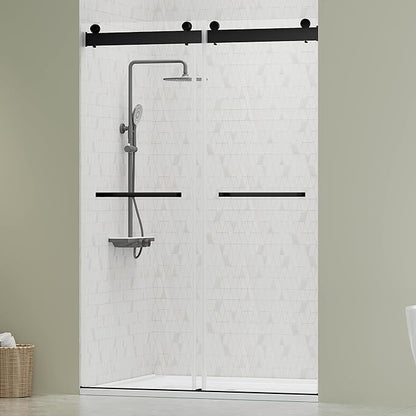 DELAVIN 44"-48"W x 75"H Frameless Shower Door, Double Sliding Shower Door, 5/16"(8mm) Clear Tempered Glass, Noiseless Shatterproof Shower Doors with Square Rail, Stainless Steel, Aluminum, Matte Black