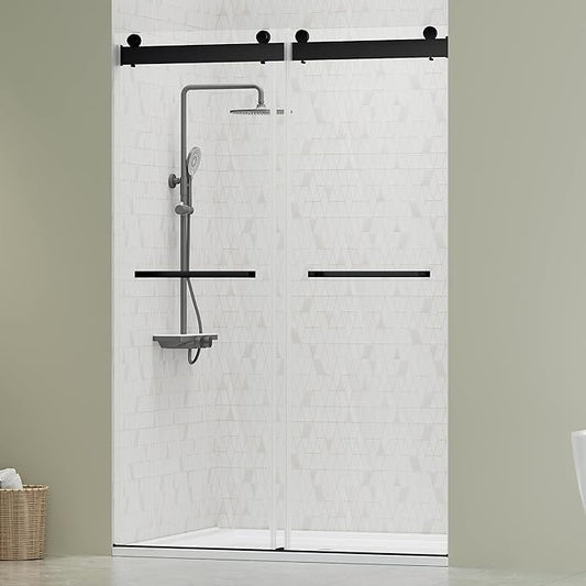DELAVIN 44"-48"W x 75"H Frameless Shower Door, Double Sliding Shower Door, 5/16"(8mm) Clear Tempered Glass, Noiseless Shatterproof Shower Doors with Square Rail, Stainless Steel, Aluminum, Matte Black