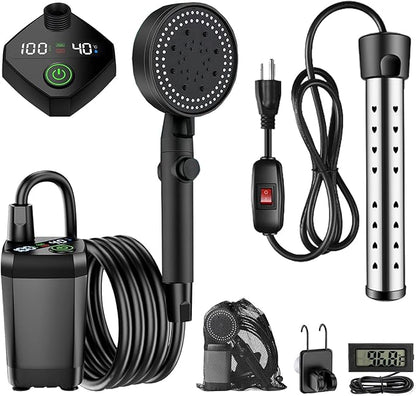 Portable Shower with Heater, Long-Lasting 6000mAh Rechargeable Camping Shower with 1500W Auto-Off Immersion Water Heater, Ideal for Outdoor Camping, Travel, Car Washing, Pet Bathing