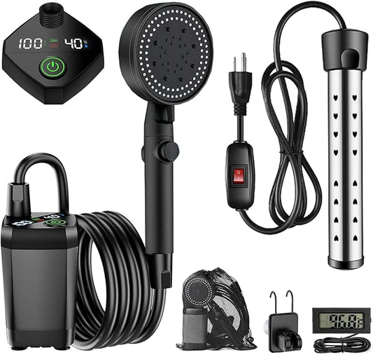 Portable Shower with Heater, Long-Lasting 6000mAh Rechargeable Camping Shower with 1500W Auto-Off Immersion Water Heater, Ideal for Outdoor Camping, Travel, Car Washing, Pet Bathing