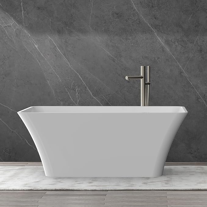 59 Inch Freestanding Bathtub, Modern Acrylic Soaking Bathtub, Ergonomic Deep Tub with Non-Slip Base and Chrome Drain, Standalone Design for Relaxing Bathroom Use, White