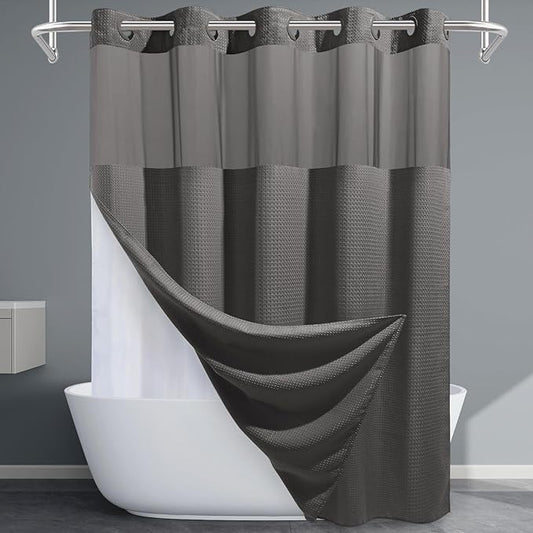 Charcoal Grey No Hook Shower Curtain with Snap in Liner,230GSM Waffle Weave Shower Curtains for Bathroom,71W x 74H