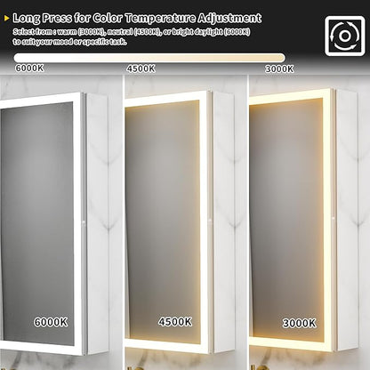 GroGro Lighted Medicine Cabinet with Mirror and Storage,24" W x 30" H LED Bathroom Medicine Cabinet with Mirror,Surface or Recessed Mounting,Defog,Dimming,3-Color Temperature,Left Opening Door