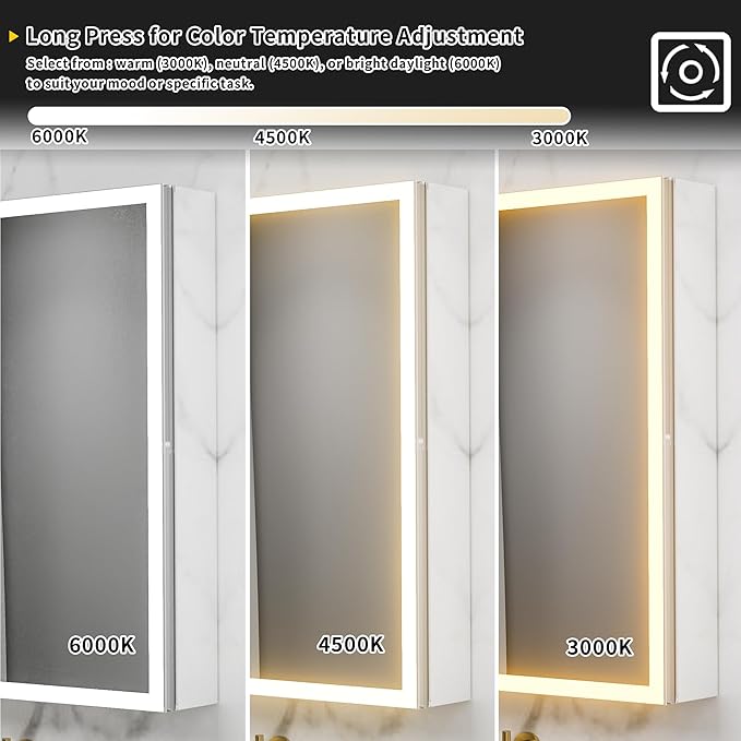 GroGro LED Lighted Bathroom Medicine Cabinet with Mirror,48" W x 30" H Medicine Cabinet with Lights,Surface or Recessed Mounting,Defog,Dimming,3-Color Temperature Adjustment