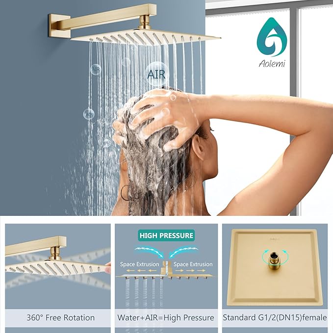 Aolemi Shower System with Rainfall Shower Head and Handheld Wall Mount,High Pressure Shower Faucet Set Fixture Combo with 2 in 1 Handheld Spray Rough-in Valve,12 Inch Shower Head Brushed Gold