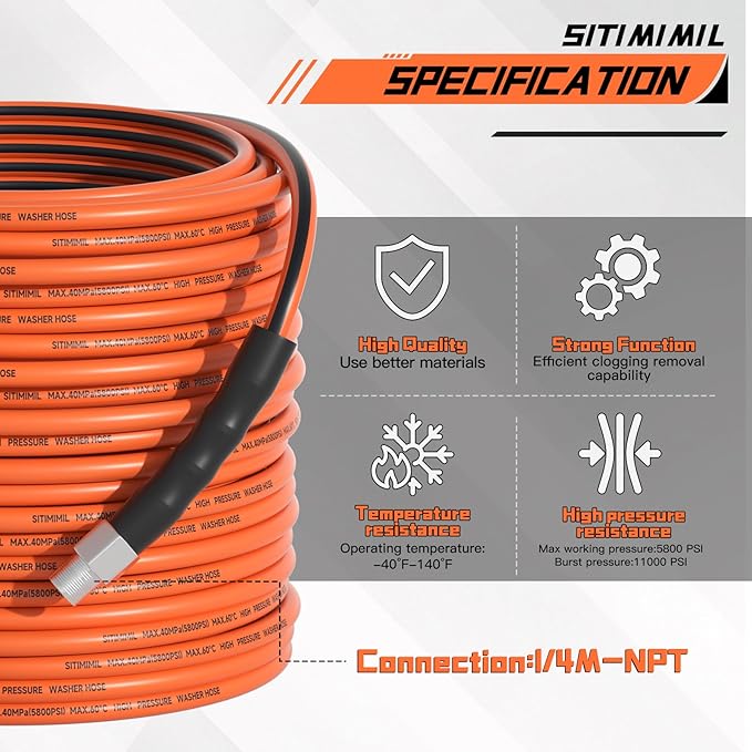 Sewer Jetter Kit for Pressure Washer 150FT,5800psi Drain Cleaner Hose 1/4 Inch Npt Corner, with 5 Sewer Jetting Nozzles Sealing Tape Pearl Corsage Pin Spanner Glove Drain Snake