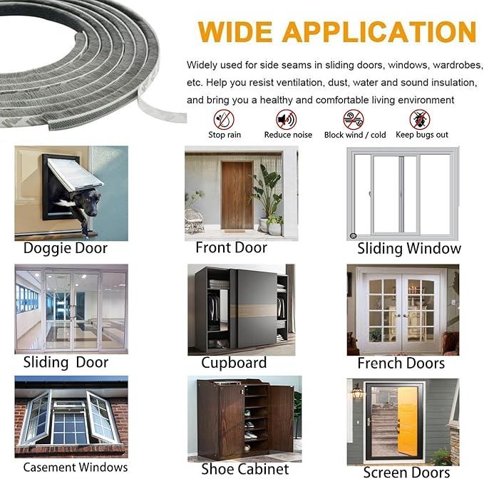 Weather Stripping Door Seal Brush for Sliding Windows/Doors Frame Side,Pile Self Adhesive Weatherstrip Seal Strip Soundproof Sealer Draft Stoppers(33ft 0.35''Wide x 0.2''Thick, Gray)