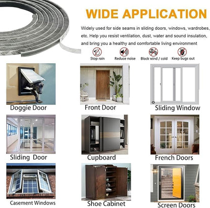 Weather Stripping Door Seal Brush for Sliding Windows/Doors Frame Side,Pile Self Adhesive Weatherstrip Seal Strip Soundproof Sealer Draft Stoppers(33ft 0.35''Wide x 0.2''Thick, Gray)