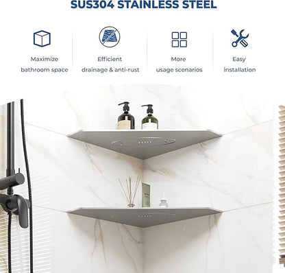 FerdY 2-Pack 10" Brushed Nickel Recessed Corner Shower Shelf, for Tiled Bathroom Walls, Floating Shelf, 304 Stainless Steel Shower Caddy Storage Shelves, No Drilling Required, Rugby Diamond