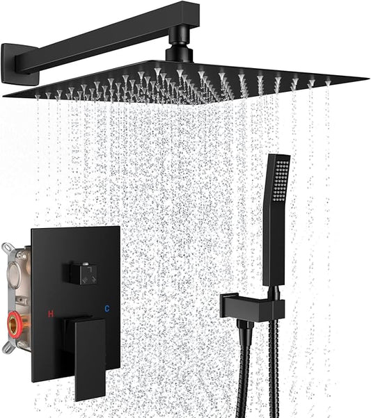 Shower System Wall Mounted 10 inch Shower Overhead for Bathroom,Rain Shower Combo Set with Handheld Spray,Luxury Rainfall Shower Head Rough-in Valve and Trim Included(Matte Black)