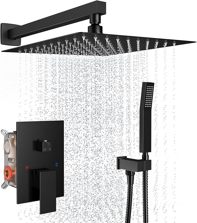 Rain Shower System 12 Inches Shower Head with Handheld Combo Set for Bathroom,High Pressure Rainfall Shower Faucet Set Wall Mounted,Rough-in Valve and Trim Kit(Matte Black)