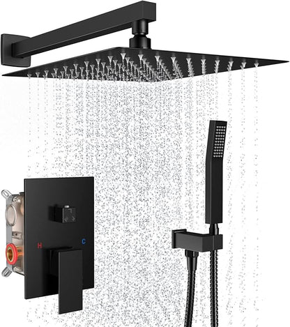 Rain Shower System 12 Inches Shower Head with Handheld Combo Set for Bathroom,High Pressure Rainfall Shower Faucet Set Wall Mounted,Rough-in Valve and Trim Kit(Matte Black)