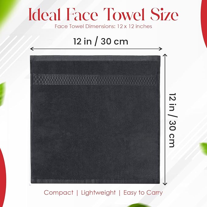 RIVERSIDE 12 Pack Premium 100% Cotton Face Washcloths, 550 GSM, 12 x 12 Inches, Soft, Absorbent Towels for Body & Shower, Bathroom Wash Clothes, Durable Face Towels Set for Spa, Gym, Charcoal