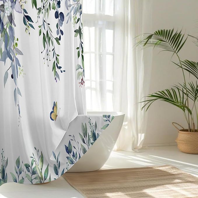 No Hook Shower Curtain and Liner Set, Green Eucalyptus Floral Shower Curtains for Bathroom, Bath Curtain Sets with Snap in Liner, Waterproof with See Through Top Window, 71x74 Inches