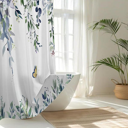 No Hook Shower Curtain and Liner Set, Green Eucalyptus Floral Shower Curtains for Bathroom, Bath Curtain Sets with Snap in Liner, Waterproof with See Through Top Window, 71x77 Inches