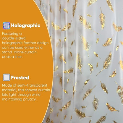 Plastic Shower Curtain Liner, Waterproof Printed PEVA Shower Curtain with Design, Holographic Feather Pattern, Rustproof Grommets, Standard Size 70x72 Bathtub Curtain for Bathroom (Pack of 1)
