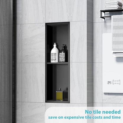 Stainless Steel Shower Niche 24" X 8", No-Tile Needed Wall Niche Double Shelves, Recessed Shower Storage, Matte Black
