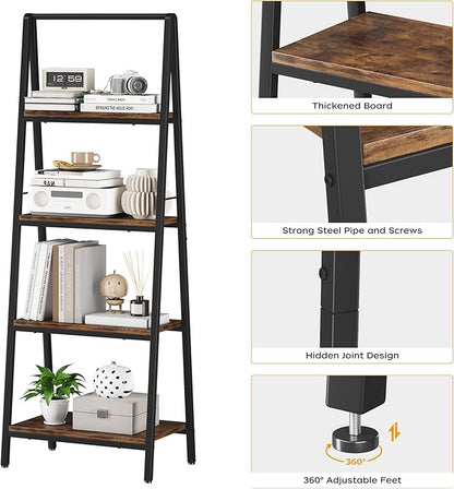 Homeiju 4-Tier Leaning Ladder Bookshelf, Rustic and Wood Ladder Shelf Bookcase, Industrial Ladder Shelf Storage Rack for Home Office, Bedroom, Bathroom or Kitchen