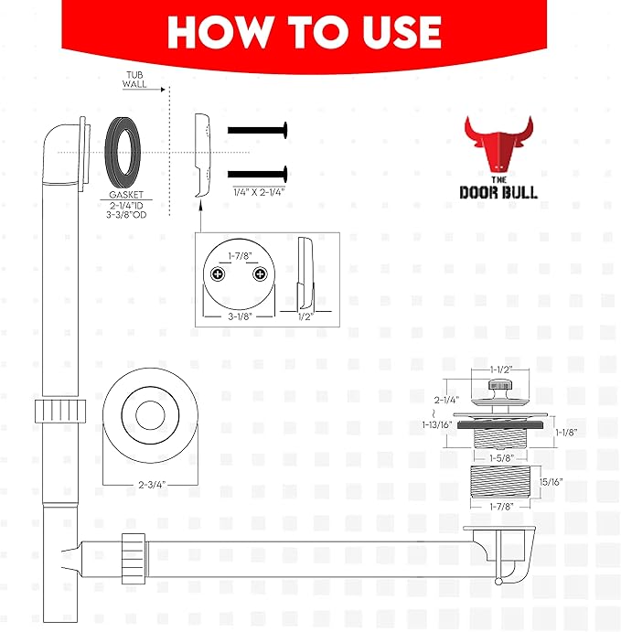 Tip-Toe Bathtub Drain Trim Kit with Two-Hole Overflow Faceplate – All Brass Tub Drain Stopper Replacement – Fits Fine or Coarse Thread Drain Shoe – Universal Tub Drain Assembly