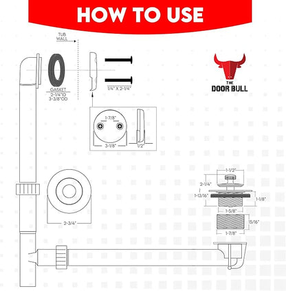 Tip-Toe Bathtub Drain Trim Kit with Two-Hole Overflow Faceplate – All Brass Tub Drain Stopper Replacement – Fits Fine or Coarse Thread Drain Shoe – Universal Tub Drain Assembly