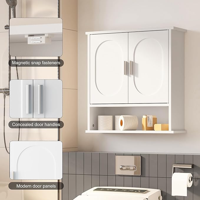 Medicine Cabinet for Bathroom,2 Doors White Bathroom Wall Cabinet with Oval,Over Toilet Storage Cabinet for Laundry Room/Kitchen/Living Room,Surface Mount Medicine Cabinets 23x24