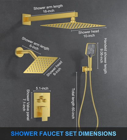 Shower Faucet Set, 10" Wall Mount Rainfall Shower System with 2 Rain Shower Head and Multi-function Handheld Head Push Button Diverter Shower Faucet Trim Kit Brushed Gold