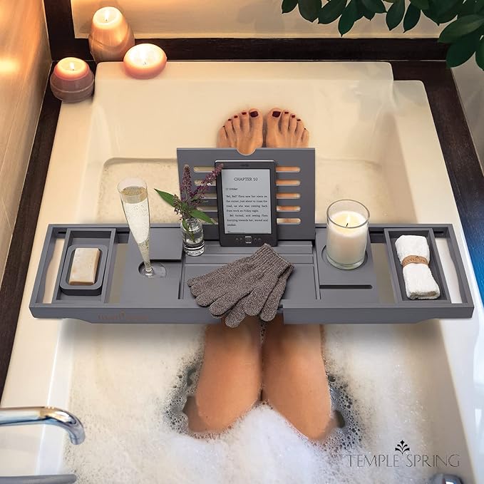 Temple Spring Wooden Bathtub Tray, Bamboo Bathroom Accessories, Bath Tray for Tub, at Home Spa Essentials, Board for Tub Table, Bath Caddy for Bathtub Accessories & Bathroom Essentials – Slate Grey