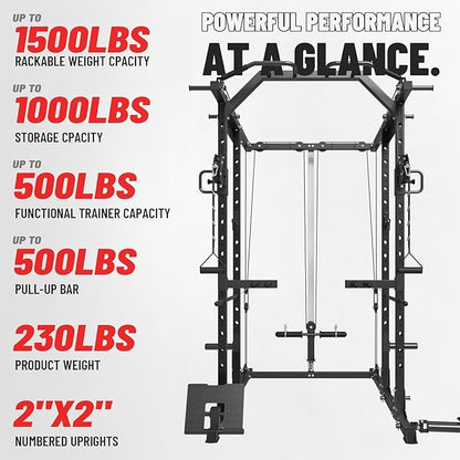 Mikolo Power Cage, Power Rack with Cable Crossover System, 1500LBS Squat Rack with LAT Pull Down System, Workout Cage with Pulley System for Fitness Home Gym