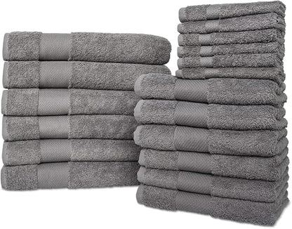 Hencely 18-Piece Bath Towel Set - High Absorbency, Quick Drying - 100% Soft Turkish Cotton - 6 Bath Towels, 6 Hand Towels, 6 Washcloths - Bathroom, Home, Hotel, Spa, and Gym - 18-Pack Gray