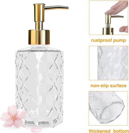 Clear Glass Soap Dispenser with Gold Plastic Pump, 2 Pack 12oz Diamond Hand Soap Dispenser, Refillable Lotion Dispenser & Dish Bathroom Dispenser for Liquid, Shower Gel