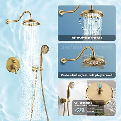 Antique Shower Head Faucet Set,Brushed-Gold Vintage Wall Mount Shower Faucets Combo With Handheld Spray,Bathroom Rainfall Shower System Trim Kit With Brass Pressure Balance Valve & 9''Shower Head