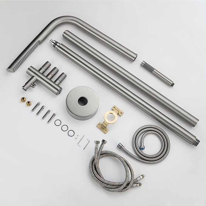 RBROHANT Outdoor Shower Brass Outside Shower Kit for Backyard Garden Pool Beach, Freestanding Outdoor Shower Fixtures with Overhead Shower Head and Handheld, Floor Mounted, Brushed Nickel, RB0089