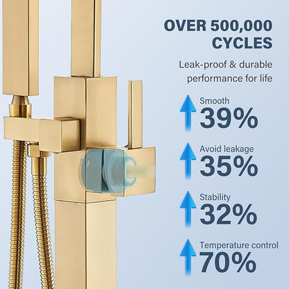 Freestanding Bathtub Faucet Floor Mounted Tub Filler Brushed Gold Single Handle 360 Swivel Standing Spout High Flow Brass Bath Tub Faucets Set